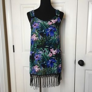 Sheer floral fringe tank top tunic swim cover up M